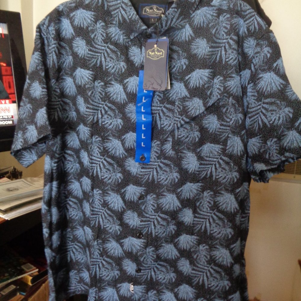 NWT! NAT NAST Retro 50s Hawaiian Style Black with Blue Flowers! 70% Silk Blend L